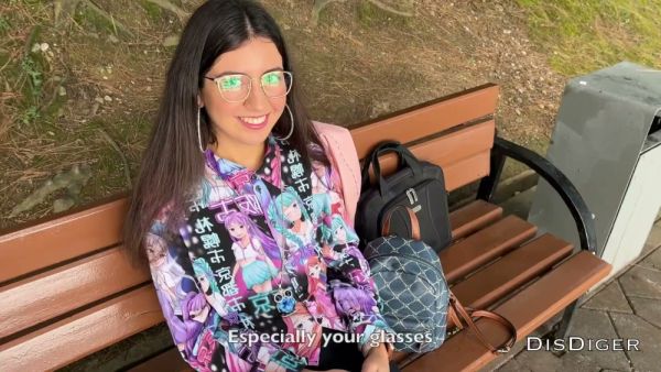 Stylish glasses-wearing woman seduced in the park ends with cumshot on her lenses on breastful.com