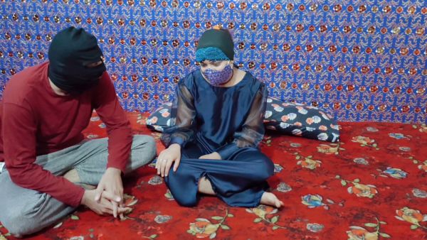 Masked South Asian couple shares intimate kiss and titjob on floral rug - India - Pakistan on breastful.com