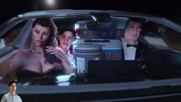 Curvy brunette teases in backseat during late-night ride with blonde and suited man on breastful.com