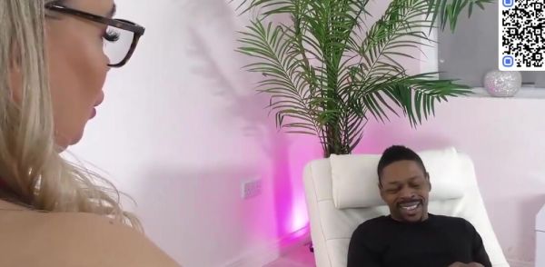 Busty towheaded gives black man a deep blowjob on breastful.com