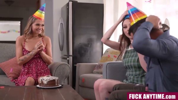 Birthday girl rides tattooed lover while her friend joins in the bedroom celebration on breastful.com