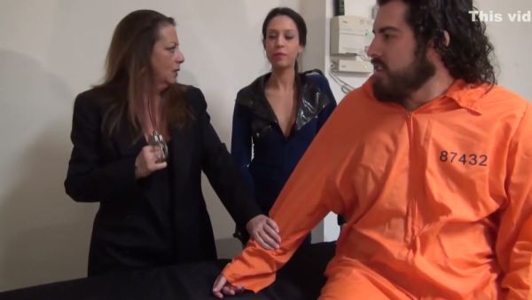 Mature brunette in blue dress gives handjob while second woman watches on breastful.com