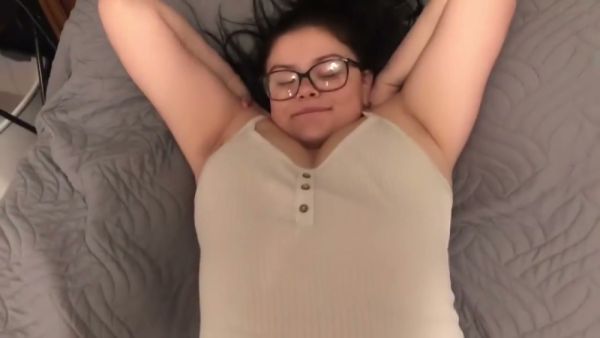 Black-haired girl with glasses takes it deep and gets filled inside on breastful.com