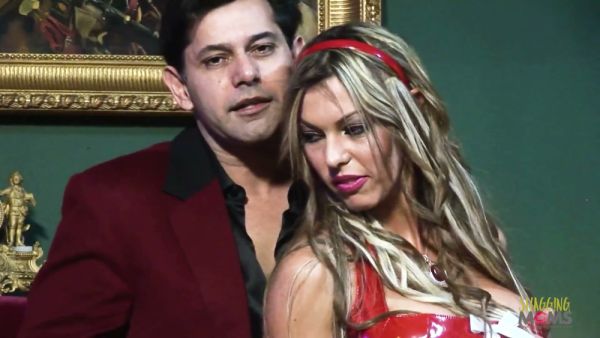 Voluptuous blonde in red lingerie rides and submits for her dark-haired lover in a gothic chamber on breastful.com