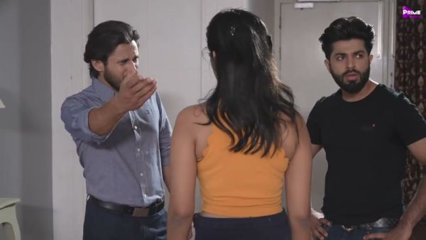 Young Indian woman confronts betrayal between two bearded lovers in a modern home - India on breastful.com