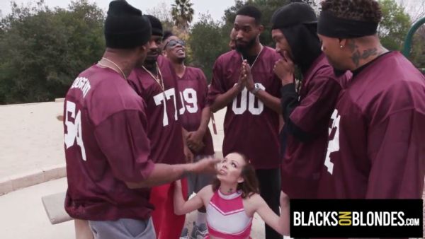 College cheerleader takes on the entire rival football team in gangbang audition on breastful.com