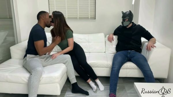Wife cheats with a black lover while her masked husband watches in chastity on breastful.com