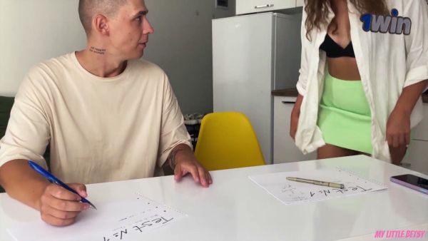 Student in glasses gets doggy style and facial after studying at home on breastful.com