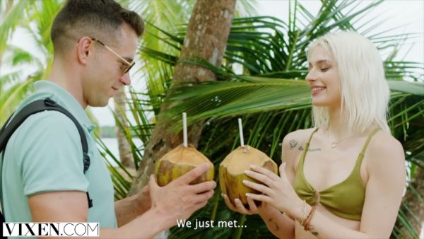 Petite blonde Christy rides and swaps partners in a steamy tropical threesome on breastful.com