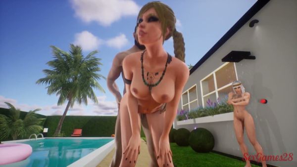 Blonde enjoys wild anal and oral sex with party guests by the pool on breastful.com