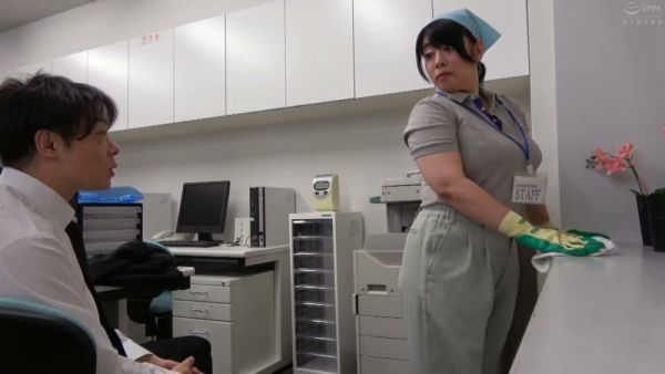 Office cleaning staff member locks the bathroom door for a private encounter on breastful.com