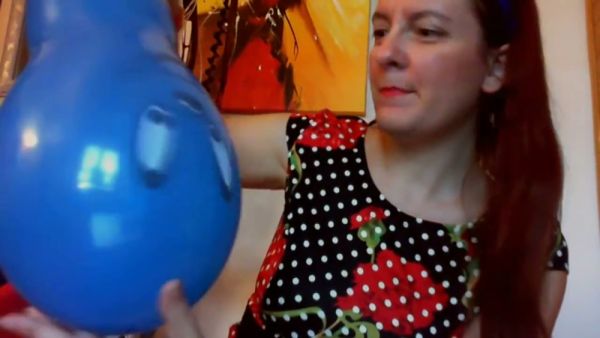 Redhead in polka dot dress rides huge blue dildo to orgasm on breastful.com