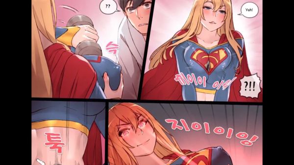Blonde superheroine in blue and red costume appears in digital comic panel with surprised man on breastful.com