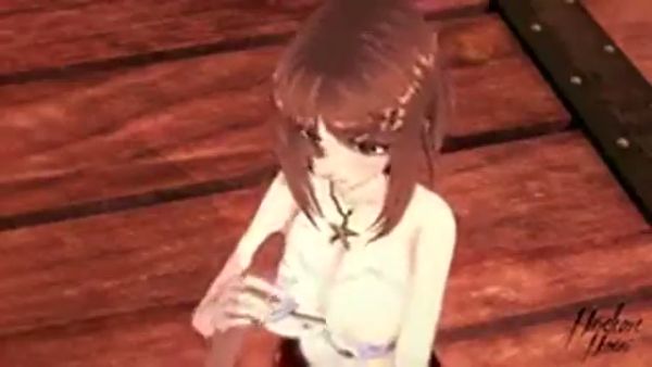 Anime art of a pale-skinned brunette reaching climax with a visible squirt on breastful.com