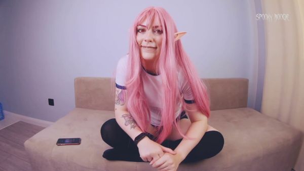 Pink-haired cosplay girl in thigh-high socks teases with twerking before exposing herself in JOI session on breastful.com