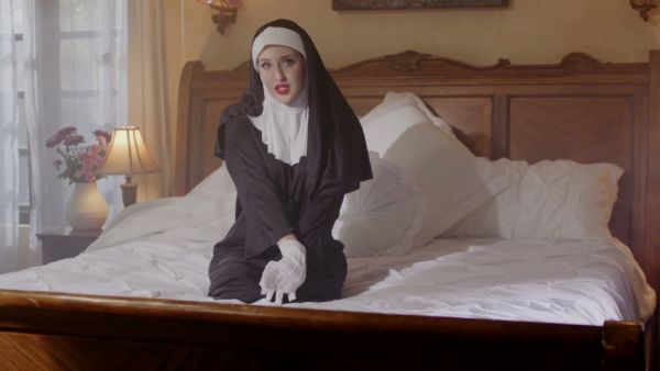 Curvy nun in red lingerie confesses sins from above in cowgirl on breastful.com