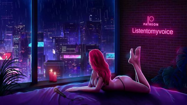 Pink-haired woman whispers intimate ASMR roleplay on a rainy night on breastful.com
