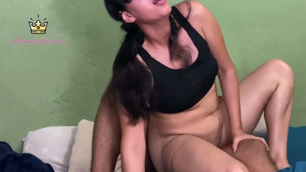 Long-haired beauty in black sports bra dominates muscular man with oral and anal on breastful.com
