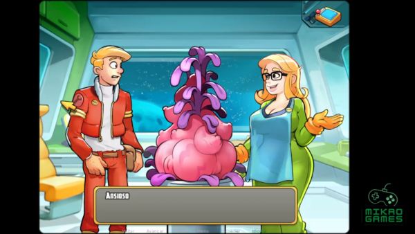 Blonde mechanic and astronaut respond to alien distress call in cartoon space adventure on breastful.com