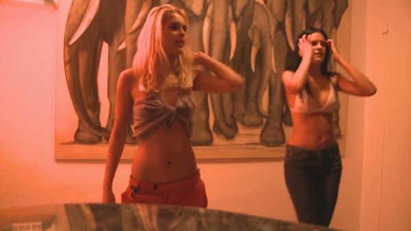 Blonde and brunette lesbians heat up a private disco lounge on breastful.com