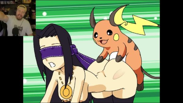 Blindfolded black-haired woman takes creampie from Pikachu-like creature in anime fantasy on breastful.com