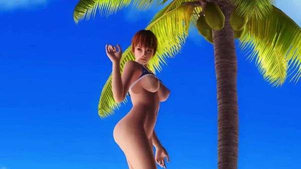 Brown-haired model teases on tropical beach with bare backside facing camera on breastful.com