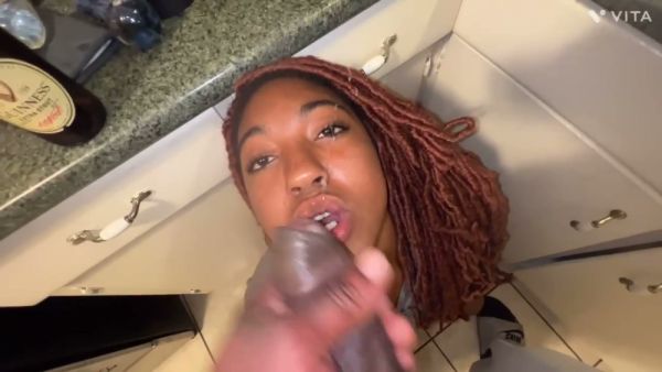 Skinny ebony woman cheats with oral and anal play in the kitchen on breastful.com