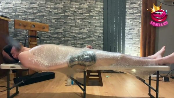 Bound and blindfolded man wrapped in plastic endures edging and teasing on breastful.com