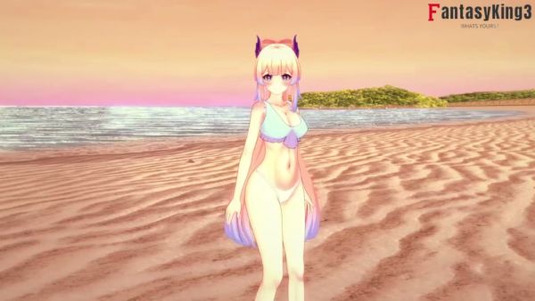 Blonde anime girl in bikini gives passionate beach blowjob under sunset on breastful.com