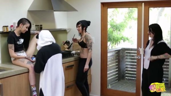 Gothic trio with tattoos and piercings explore strapon play and intimacy at home on breastful.com