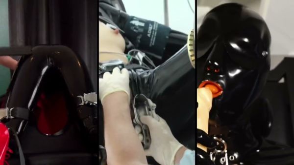 Submissive in latex restraints receives electro play under clinical lights - Germany on breastful.com