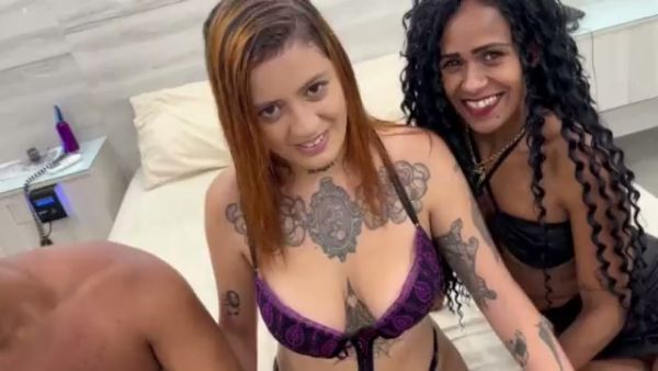 Latina and tattooed blonde share a muscular lover in intense interracial threesome on breastful.com