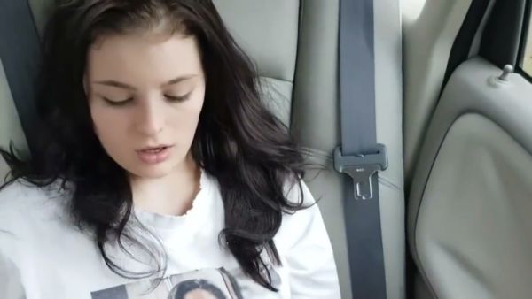 Skinny girl cums hard in a car while being filled inside on breastful.com