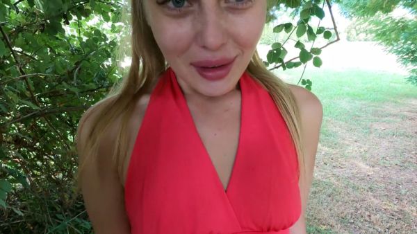 Blonde takes a cumshot to the face after giving oral under the trees on breastful.com