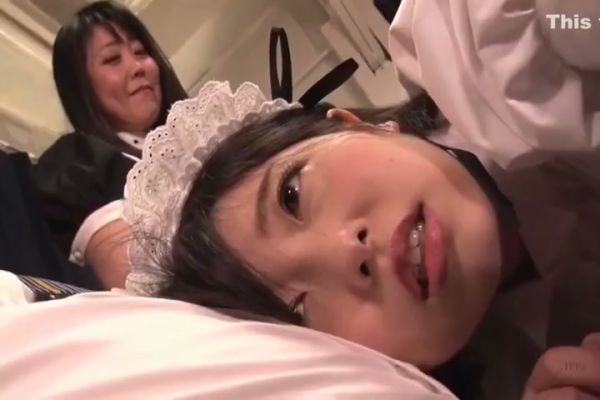 Japanese maid bound in shibari rope with stockings while man adjusts collar - Japan on breastful.com