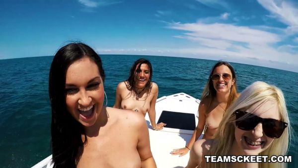 Four young women and one man unleash passion on a sunny boat on breastful.com