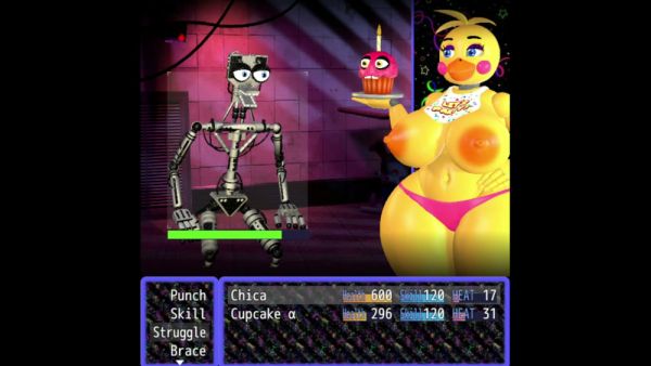 Gameplay footage of Chica the animatronic chicken in a retro-style horror game on breastful.com
