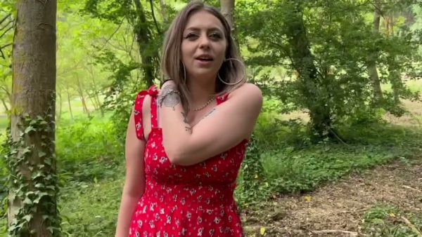 Blonde Italian beauty in red floral dress squirts during intense car and forest encounter - Italy on breastful.com