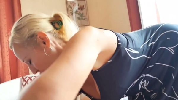 Blonde in black dress enjoys cunnilingus and deep throat session on breastful.com