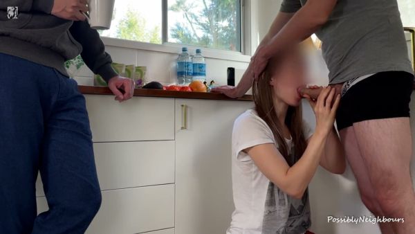 Wife cheats in the kitchen while her husband watches her get creampied by a stranger on breastful.com