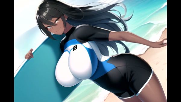 Curvy anime heroine strikes sultry beach poses in tight swimsuit on breastful.com