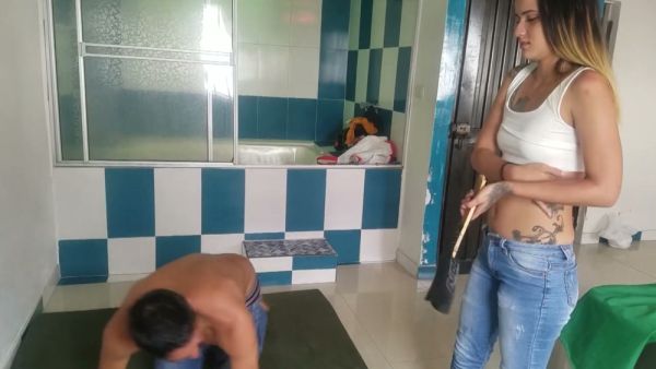 Austrian mistress dominates her obedient male slave in a bathroom session on breastful.com