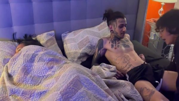 Tattooed brunette rides her man from behind in dim purple light on breastful.com