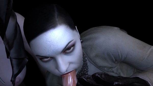 MILF Lady Dimitrescu parody in POV threesome with double blowjob on breastful.com