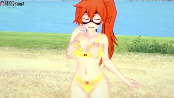 Anime girl with fiery red hair pleasures herself with a thick pink dildo outdoors on breastful.com