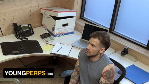 Bearded security chief dominates two tattooed submissives in a private office session on breastful.com