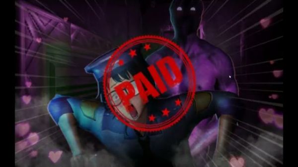 Neon-lit cosplay party turns to strapon domination in a digital parody world on breastful.com
