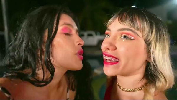 Three Latina women explore foot fetish play by the pool at night on breastful.com
