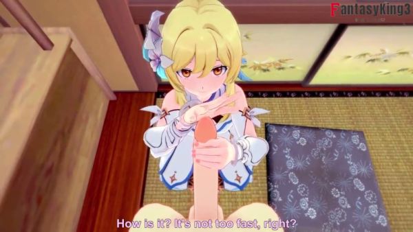 Blonde anime girl Lumine gives a slow handjob in POV fantasy style on breastful.com