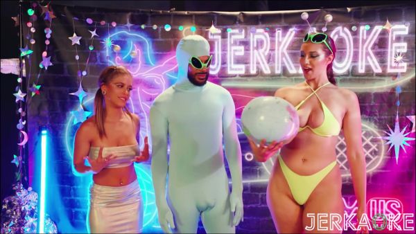 Lesbian pornstars Bella Roland and Jessie Pony share passionate kisses in neon-lit fantasy world on breastful.com